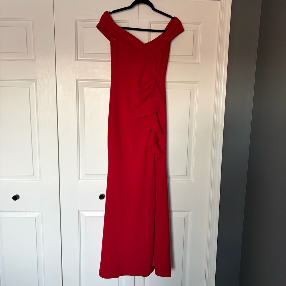 Lulus Red Off-Shoulder Dress with Ruffle Slit